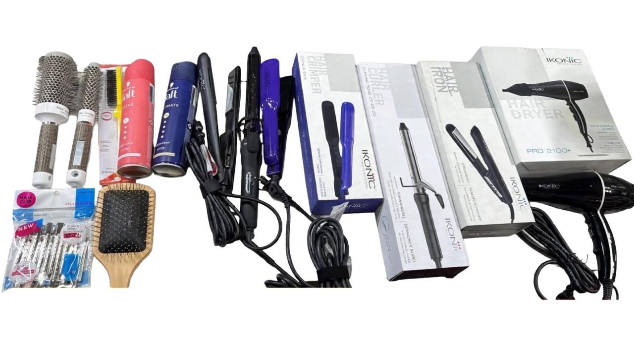 4-in-1 Professional Hair Styling Combo Kit | IKONIC Hair Dryer, Curler, Iron & Crimper with Brushes, Clips & Styling Accessories